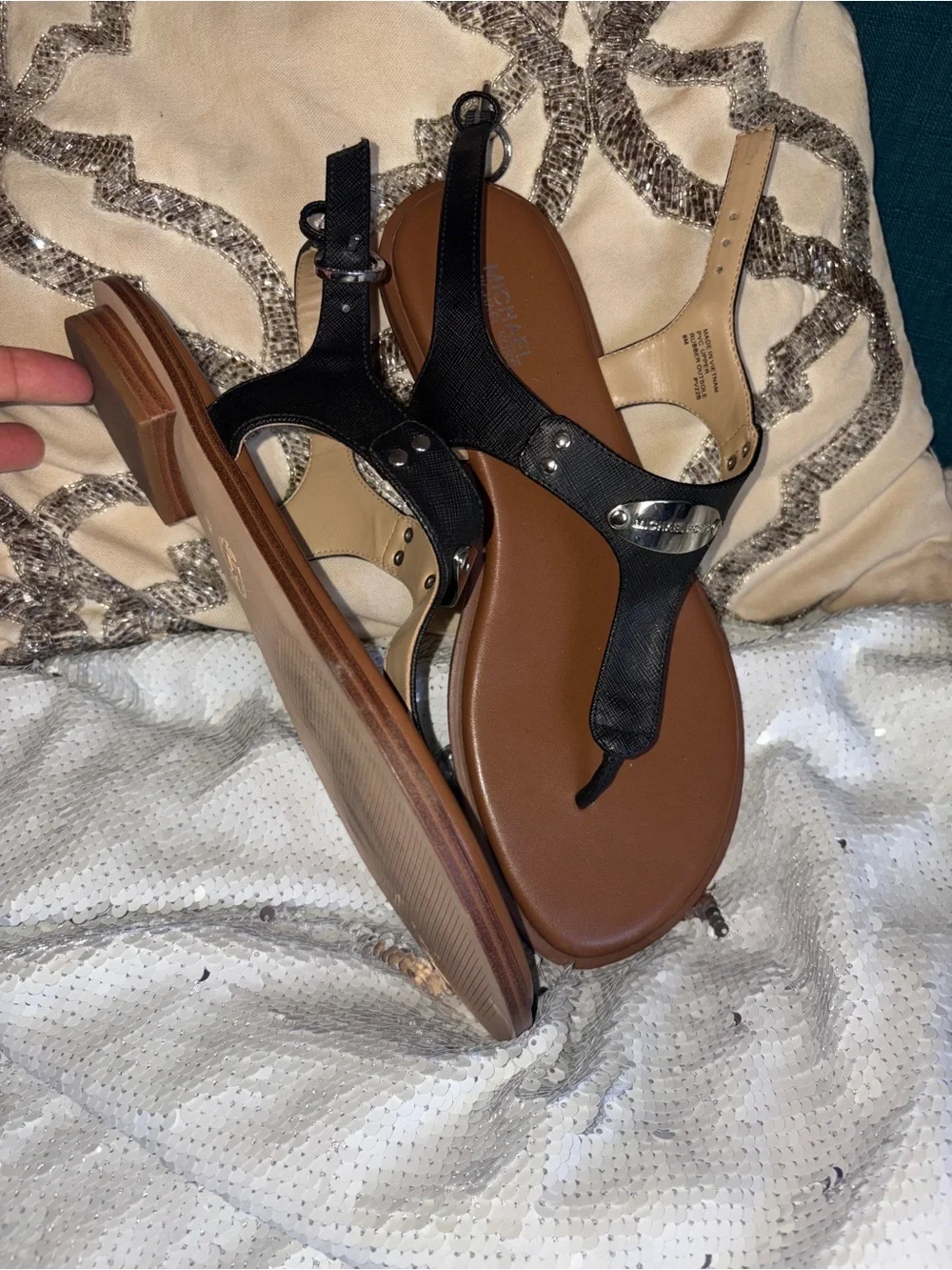 Michael Kors Black Leather Thong Sandals with Brown Footbed